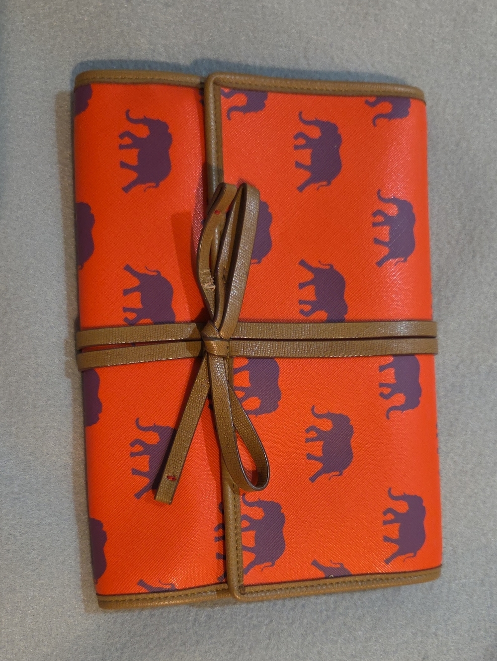 Stella & Dot Orange Elephant Print Travel Organizer Pouch with Brown Trim